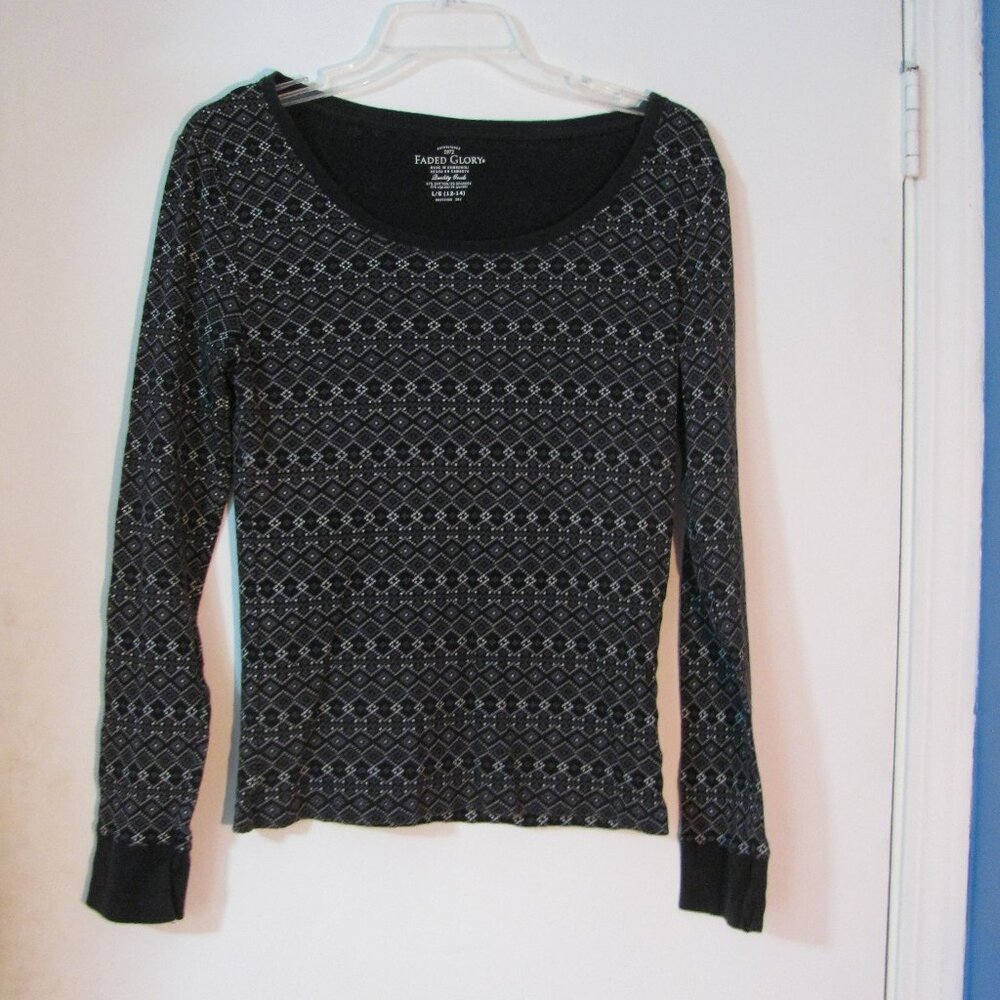 * Faded Glory Shirt Large 12 14 EUC Black with White Gray Geometric - Picture 1 of 3